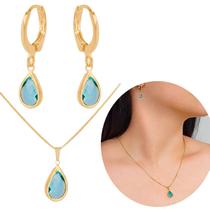 Conjunto Brinco Argola Colar Gota Rainbow Banhado ouro Prata Conjunto Brinco Argola Colar Gota Rainbow Banhado ouro Prata