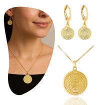 Conjunto Brinco Argolinha Click E Colar Com Pingente Oração Pai Nosso