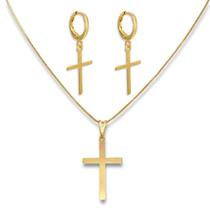 Conjunto Brinco Argolinha e Colar Cruz Banhado a Ouro 18K