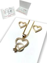Conjunto Brinco Colar Coração Cravejado Zircônia Carta Amor