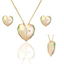 Conjunto Brinco Colar Coração Cruz Cravejado Zircônia Color