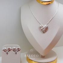 Conjunto brinco + colar coração organico banhado em prata 925