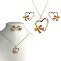 Conjunto Brinco Colar Feminino Coração Cravejada Semi joia