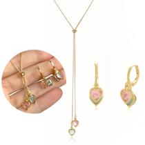 Conjunto Brinco Colar Feminino Gota Cravejado Zircônia Luxo Conjunto Brinco Colar Feminino Gota Cravejado Zircônia Luxo