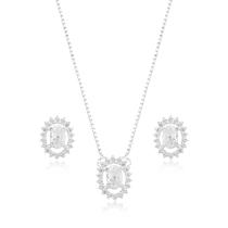Conjunto Brinco Colar Prata Pedra Oval Flutuante Cravejado