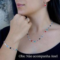 Conjunto Brinco Colar Pulseira Feminina Colorida Semijoia