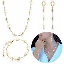 Conjunto Brinco Colar Pulseira Pérola Banhado Semijoia Luxo