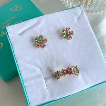 Conjunto Brinco e Anel mini flores de zircônias coloridas coloridas banhado a ouro 18k