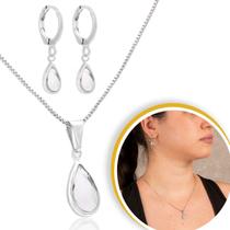 Conjunto Brinco E Colar Com Pingente Feminino Com Gota De Cristal Prateado Conjunto Brinco E Colar Com Pingente Feminino Com Gota De Cristal Prateado