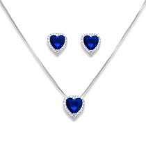 Conjunto Brinco e Colar Coração Azul Marinho e Zircônia Banhado a Prata