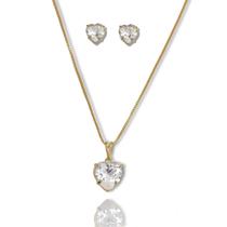 Conjunto Brinco e Colar Coração de Zirconia Banhado a Ouro 18k Semijoia Conjunto Brinco e Colar Coração de Zirconia Banhado a Ouro 18k Semijoia