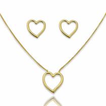 Conjunto Brinco e Colar Coração Vazado Banhado a Ouro 18k Semijoia Conjunto Brinco e Colar Coração Vazado Banhado a Ouro 18k Semijoia