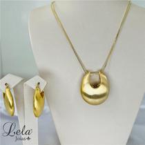 Conjunto brinco e colar corrente veneziana escovado folheado em ouro 18k Conjunto brinco e colar corrente veneziana escovado folheado em ouro 18k