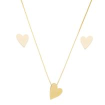 Conjunto brinco e colar de coração liso banhado a ouro 18k