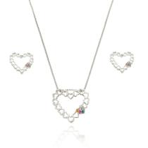 Conjunto Brinco e colar de Elos formato coração Banhado a Ródio Branco