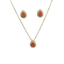 Conjunto Brinco e Colar de Gota Laranja Semi Joia Banhado Ouro 18k