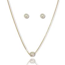 Conjunto Brinco e Colar de Pérola Banhado a Ouro 18k Semijoia