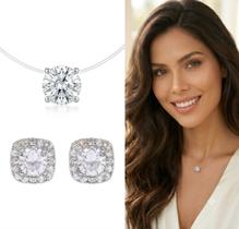 Conjunto Brinco e Colar Feminino Ponto Luz Prata 925 8mm Fio Invisível Flutuante Elegante Diário Conjunto Brinco e Colar Feminino Ponto Luz Prata 925 8mm Fio Invisível Flutuante Elegante Diário