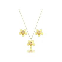 Conjunto Brinco e Colar Folheado a Ouro Flor com Pérola Conjunto Brinco e Colar Folheado a Ouro Flor com Pérola