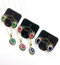 Conjunto Brinco E Cordão Com Pingente Cravejado De Zirconias Banho De Ouro 18k 4008 4009 Conjunto Brinco E Cordão Com Pingente Cravejado De Zirconias Banho De Ouro 18k 4008 4009
