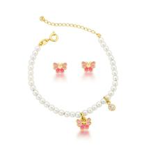 Conjunto brinco e pulseira pérolas borboleta rosa