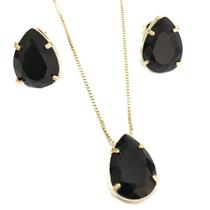 Conjunto Brincos+colar Gota Folheado A Ouro Preto