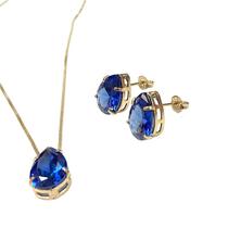 Conjunto Brincos+colar Pedra Gota Folheado A Ouro Azul Escuro