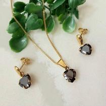 Conjunto Brincos E Colar Coração Zirconia Folheado A Ouro