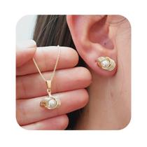 Conjunto Brincos E Colar Perola Folheado A Ouro Dia Das Mães