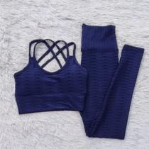 Conjunto Brocado Para Academia Calça Legging Cintura Alta Disfarça Celulite e Top Alças Cruzadas