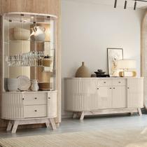 Conjunto Buffet Monaco e Cristaleira Moss MDF LED Vidro Calacata/Off White Madetec