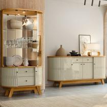 Conjunto Buffet Mônaco e Cristaleira Moss Porta Curva Pés Palito MDF com LED Cumaru e Opala