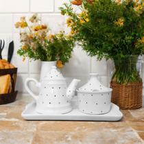 Conjunto bule de café provençal com açucareiro e bandeja porcelana poá preto