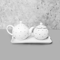 Conjunto bule de café redondo com açucareiro e bandeja porcelana poá preto