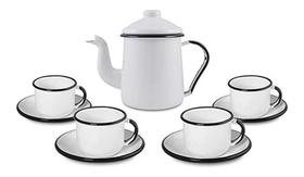 Conjunto Bule e 4 Canecas com Pires Esmaltada Branco Ágata Ewel Conjunto Bule e 4 Canecas com Pires Esmaltada Branco Ágata Ewel