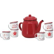 Conjunto Bule Esmaltado Vermelho 1 Litro e 6 Canecas Estampa Natal 150ml - Yangzi Conjunto Bule Esmaltado Vermelho 1 Litro e 6 Canecas Estampa Natal 150ml - Yangzi