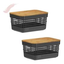 Conjunto c/2 Cestinhos Organizadores com Tampa De Bambu 2,5L Linha Grid Ou