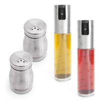 Conjunto c/2 Saleiros Pimenteiros + 2 Galheteiro Spray Aço Inox Vidro