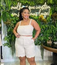Conjunto c/ Shorts e Cropped Bordado de Linho