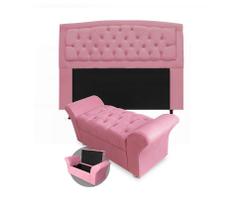 Conjunto cabeceira box casal 140cm costa rica + recamier barcelona suede rosa