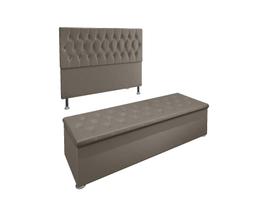 Conjunto Cabeceira Cama Box Casal e Recamier Baú 140cm Madrid Tecido Suede Bege Canon Moveis