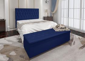 Conjunto Cabeceira Casal e Recamier Baú 1,40m Mari Suede Azul Marinho SKY MOBILE