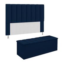 Conjunto Cabeceira E Calçadeira Cancun Para Cama Box Casal 140 cm Suede Azul Marinho - DL Decor