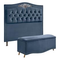 Conjunto Cabeceira e Calçadeira Holanda Casal Queen Size 160 cm para Cama Box Veludo Luxor Azul - Shop das Cabeceiras