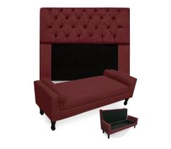 Conjunto Cabeceira Mirage Com Recamier Baú Fenix Casal 140 cm Suede Vermelho Bordo - DL DECOR