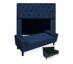 Conjunto Cabeceira Mirage Com Recamier Baú Fenix Solteiro 90 cm Suede Azul Marinho - LM DECOR