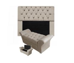 Conjunto Cabeceira Mirage e Calçadeira Baú Veneza Casal 140 cm Suede Bege - LM DECOR