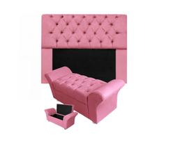 Conjunto Cabeceira Mirage e Calçadeira Baú Veneza Casal 140 cm Suede Rosa Barbie - DL Decor