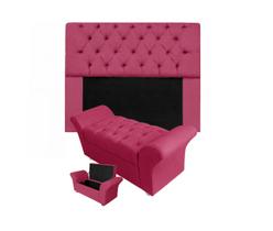 Conjunto Cabeceira Mirage e Calçadeira Baú Veneza Casal 140 cm Suede Rosa Pink - DL Decor