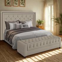 Conjunto Cabeceira Padano Queen 1,60 Puff Baú Bellmont Linho Bege e Pés em Madeira Larbelle Móveis